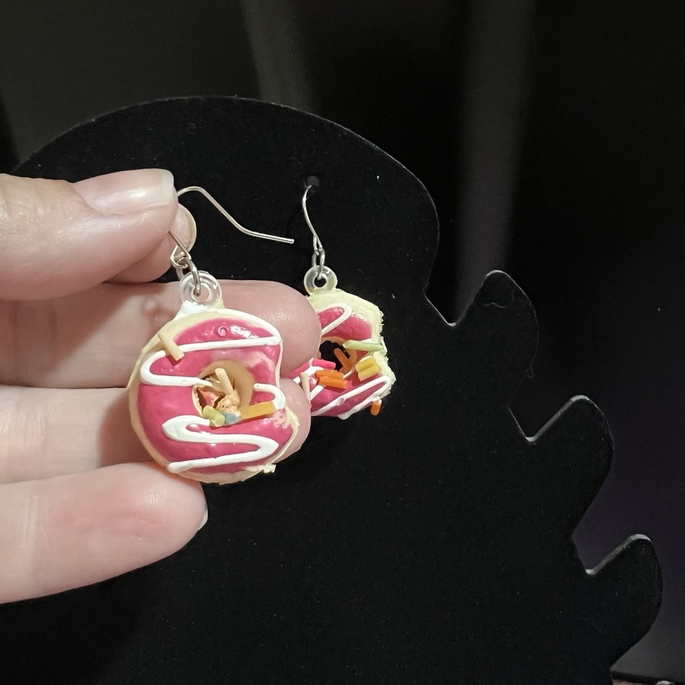 Donut Earrings W/frosting And A Bite Out Of Them - Picture 3 of 4